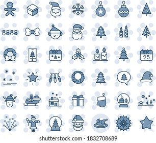 Blue tint and shade editable vector line icon set - christmas tree vector, firework, gift, bow, santa claus, glove, ball, garland, snowflake, landscape, star, candle, 25 dec calendar, cake man, hat