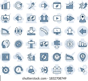 Blue tint and shade editable vector line icon set - elevator vector, left arrow, crisis graph, signpost, navigation, up side sign, sorting, update, data exchange, download, compass, dollar sun, pin