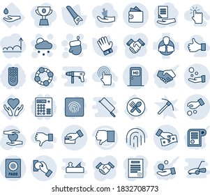 Blue tint and shade editable vector line icon set - passport vector, medical room, christmas glove, snowfall, document, saw, heart hand, care, drop, fork spoon plate, client, finger down, investment