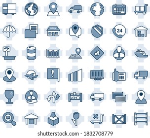 Blue tint and shade editable vector line icon set - route vector, navigation, earth, pin, important flag, store, plane, office phone, 24 hours, client, mobile tracking, sea shipping, truck trailer