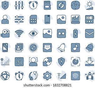 Blue tint and shade editable vector line icon set - mobile vector, phone back, update, gallery, protect, settings, tuning, user, clock, alarm, stopwatch, bell, mail, record, scanner, sd, sim, eye
