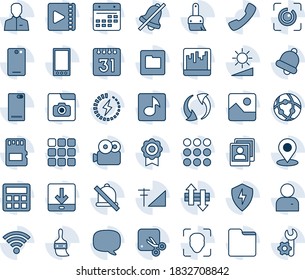 Blue tint and shade editable vector line icon set - mobile vector, phone back, call, menu, message, update, gallery, protect, themes, user, calculator, bell, scanner, sd, network, folder, calendar