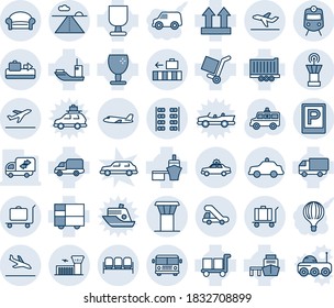 Blue tint and shade editable vector line icon set - airport tower vector, departure, arrival, baggage conveyor, trolley, bus, parking, train, waiting area, alarm car, plane, building, runway, safety
