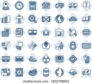Blue tint and shade editable vector line icon set - route vector, signpost, navigation, earth, railroad, important flag, store, plane, satellite, cash, client, mobile tracking, sea shipping, clock