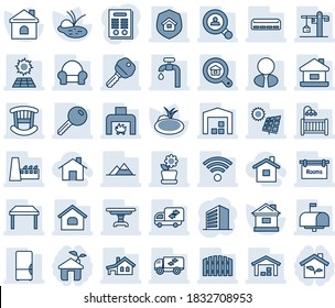 Blue tint and shade editable vector line icon set - office building vector, house, pond, contract, with garage, sun panel, water supply, mountains, warehouse, fence, rooms, estate search, client