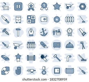 Blue tint and shade editable vector line icon set - passport control vector, rake, wheelbarrow, saw, cargo container, pause button, application, safe, paper clip, ink pen, dish, knife, radiator, nut