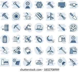 Blue tint and shade editable vector line icon set - fork loader vector, gear, factory, trowel, glove, saw, sickle, truck trailer, reel, battery, sun panel, windmill, hard work, job, conveyor, plant