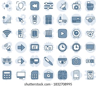 Blue tint and shade editable vector line icon set - credit card vector, camera, satellite antenna, right arrow, calculator, pen, notebook pc, bench, clock, remote control, monitor, play button, sim