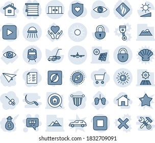 Blue tint and shade editable vector line icon set - train vector, sun, plane, lock, automatic doors, shower, bow message, pennant, lawn mower, heart shield, eye, lungs, care, play button, stop, home