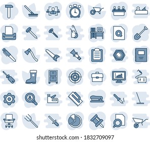 Blue tint and shade editable vector line icon set - alarm clock vector, desk, job, farm fork, rake, wheelbarrow, boot, axe, clipboard, copybook, monitor statistics, drawing pin, pie graph, hr, pen