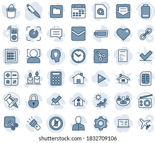 Blue tint and shade editable vector line icon set - no mobile sign vector, candle, calculator, pen, bucket, radio, paper pin, low battery, settings, user, mail, sim, folder, calendar, torch, cut