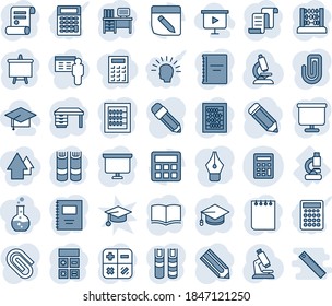 Blauer Farbton und Farbton bearbeitbarer Vektorsymbol - Kontraktvektorsymbol, Buch, Taschenrechner, Graduiertenschreiber, Abacus, Schreibtisch, Notizblock, Präsentationspappe, Stift, Mikroskop, Labor, Noten, Copybook, Büroklammer, Hut