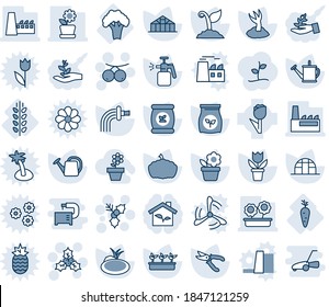 Blue tint and shade editable vector line icon set - holly vector, rowanberry, flower in pot, watering can, sproute, pruner, seedling, pumpkin, greenhouse, pond, garden sprayer, fertilizer, carrot