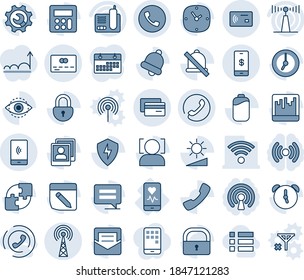 Blue tint and shade editable vector line icon set - phone vector, antenna, credit card, mobile heart monitor, radio, call, message, protect, calculator, clock, alarm, bell, mail, scanner, notes, eye