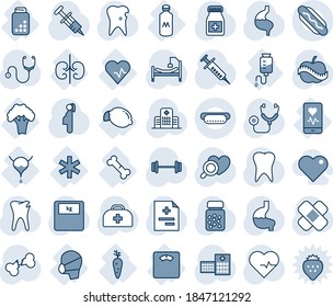 Blue tint and shade editable vector line icon set - heart pulse vector, doctor case, diagnosis, stethoscope, syringe, diagnostic, scales, pills bottle, patch, barbell, hospital bed, stomach, tooth