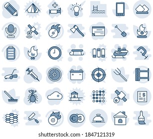 Blue tint and shade editable vector line icon set - reception bell vector, sleigh, santa, pencil, circle chart, farm fork, rake, fire, house, syringe, virus, hospital bed, satellite, film frame, axe