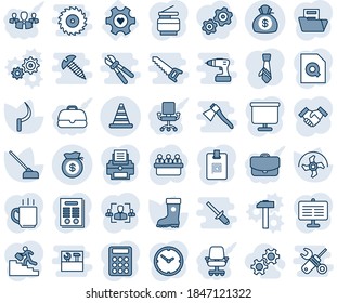 Blue tint and shade editable vector line icon set - road cone vector, meeting, ripper, boot, hoe, sickle, heart gear, money bag, coffee, clock, presentation board, document folder, search, hr, tie