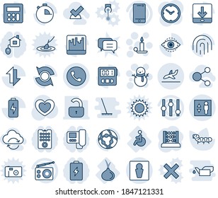 Blue tint and shade editable vector line icon set - phone vector, male, arrival, elevator, candle, snowman, abacus, caterpillar, heart, disabled, onion, radio, settings, cell, calculator, stopwatch