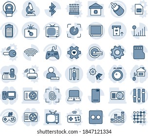 Blue tint and shade editable vector line icon set - bomb in case vector, metal detector gate, notebook pc, microscope, tomography, mri, heart gear, tv, gamepad, settings, equalizer, battery, rca, sd
