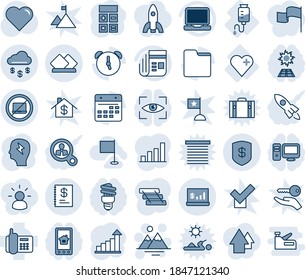 Blue tint and shade editable vector line icon set - no laptop vector, mountains, growth statistic, calculator, brainstorm, heart, drop counter, office phone, news, pc, alarm, folder, calendar, safe
