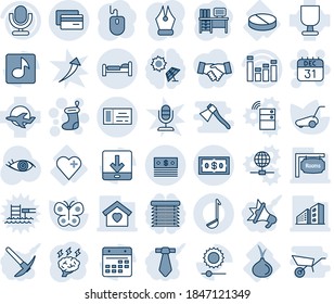 Blue tint and shade editable vector line icon set - bed vector, ticket, christmas sock, 31 dec calendar, mouse, desk, brainstorm, lawn mower, butterfly, eye, heart, pill, onion, plane, fragile, tie