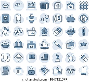 Blue tint and shade editable vector line icon set - departure vector, no mobile, smoking place, airport building, bell, manager, identity card, pedestal, team, graduate, pen, pumpkin, fireplace