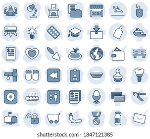 Blue tint and shade editable vector line icon set - arrival vector, elevator, identity card, medal, graduate, mouse, trowel, pruner, bench, fireplace, caterpillar, pond, drip irrigation, heart, bowl