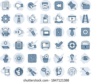Blue tint and shade editable vector line icon set - antenna vector, vip, wireless notebook, safe, sun, flower in pot, ladder, fire, eye, clipboard, flammable, paper pin, rewind, rca, settings, lock