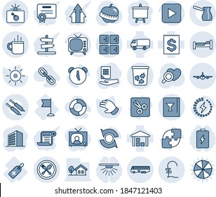 Blue tint and shade editable vector line icon set - airport bus vector, hot cup, spoon and fork, trash bin, bomb in case, bed, plane, checkroom, office building, presentation board, document, glove
