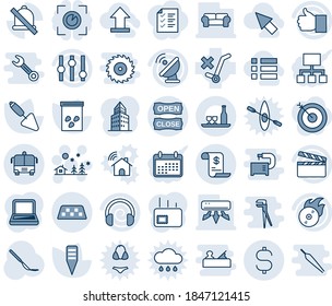 Blue tint and shade editable vector line icon set - taxi vector, airport bus, christmas landscape, trowel, plant label, seeds, scalpel, no trolley, satellite antenna, clapboard, flame disk, settings