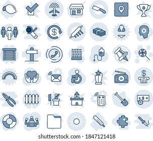 Blue tint and shade editable vector line icon set - sun vector, plane radar, lollipop, shovel, dropper, disabled, heart hand, thermometer, lemon, signpost, radio, paper pin, folder, place tag, cash