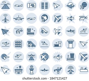 Blue tint and shade editable vector line icon set - plane vector, airport tower, runway, radar, departure, arrival, ticket, ladder car, boarding, seat map, globe, building, traffic controller, small