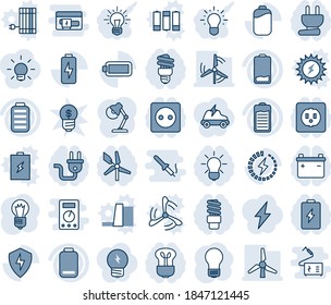 Blue tint and shade editable vector line icon set - bulb vector, battery, low, protect, charge, desk lamp, windmill, socket, power plug, energy saving, idea, lightning, electric car, business