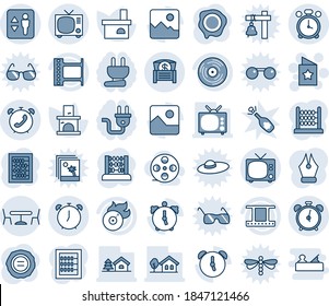 Blue tint and shade editable vector line icon set - elevator vector, alarm clock, tv, cafe, phone, star postcard, abacus, stamp, fireplace, film frame, vinyl, flame disk, gallery, money chest, coil