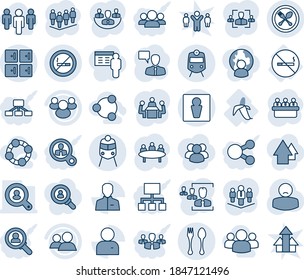 Blue tint and shade editable vector line icon set - spoon and fork vector, train, male, checkroom, no smoking sign, speaking man, team, meeting, patient, banana, group, user, company, hr, social