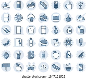 Blue tint and shade editable vector line icon set - hot cup vector, tea, rowanberry, seedling, plant label, diet, lemon slice, pear, onion, broccoli, milk, breads, fridge, drink, phyto bar, salad
