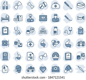 Tinta azul y sombra editable conjunto de íconos vectoriales - vectores de sala médica, hotel, caso médico, diagnóstico, estetoscopio, presión arterial, píldoras, ampolla, cuero cabelludo, tomografía, auto de ambulancia, cama de hospital