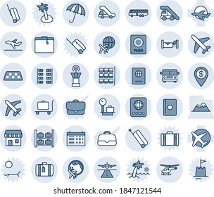 Blue tint and shade editable vector line icon set - plane vector, runway, taxi, suitcase, baggage trolley, airport bus, umbrella, passport, ladder car, helicopter, seat map, luggage storage, globe