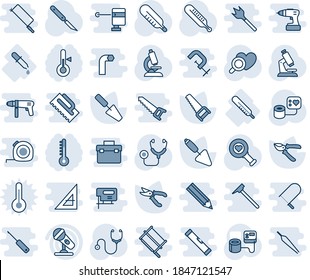 Blue tint and shade editable vector line icon set - trowel vector, pruner, saw, stethoscope, blood pressure, thermometer, heart diagnostic, microscope, scalpel, pipette, microphone, bucksaw, fretsaw