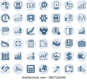 Blue tint and shade editable vector line icon set - safe vector, handshake, dollar sign, crisis graph, receipt, calculator, monero, currency, mobile payment, coin, big cash, insurance, atm, check