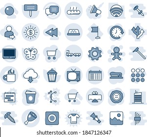 Blue tint and shade editable vector line icon set - tv vector, taxi, baggage truck, schedule, cake man, coffee, stamp, butterfly, plant label, garden light, flag, route, dialog, menu, gallery, bread