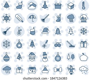 Blue tint and shade editable vector line icon set - storm cloud vector, insurance, clouds, christmas tree, gift, bow, santa claus, sock, glove, ball, snowflake, snowman, calendar, hat, rowanberry