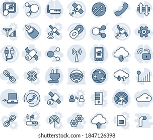 Blue tint and shade editable vector line icon set - antenna vector, notebook connect, satellite, network, share, chain, rca, call, data exchange, cellular signal, wireless, gear, download cloud, sim
