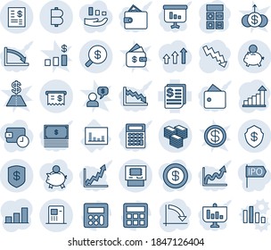 Blue tint and shade editable vector line icon set - growth statistic vector, calculator, crisis graph, statistics, receipt, bitcoin, big cash, safe, atm, money search, account statement, piggy bank