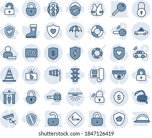 Blue tint and shade editable vector line icon set - security gate vector, smoking place, alarm car, border cone, lock, insurance, terrorism, side wind, boot, hose, heart shield, traffic light, safe