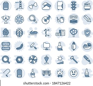 Blue tint and shade editable vector line icon set - clouds vector, snowmobile, pennant, bench, dropper, broken bone, hospital building, drop counter, lemon slice, traffic light, low battery, themes