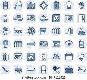 Blue tint and shade editable vector line icon set - tv vector, fork loader, bulb, ripper, battery, heater, air conditioner, fridge, home control, socket, fan, radiator, warm floor, energy saving