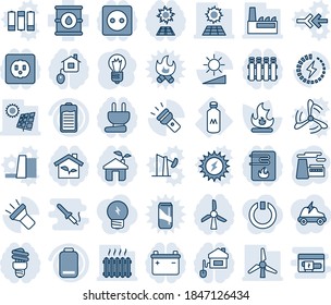 Blue tint and shade editable vector line icon set - bulb vector, factory, fire, milk, oil barrel, battery, low, torch, brightness, charge, sun panel, windmill, heater, home control, eco house, water