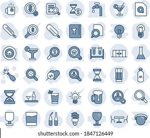 Blue tint and shade editable vector line icon set - cafe vector, automatic doors, champagne, document search, bulb, blood test vial, thermometer, ampoule, heart diagnosis, bacteria, milk, fragile