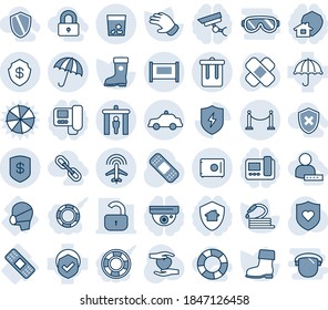 Blue tint and shade editable vector line icon set - fence vector, security gate, umbrella, trash bin, plane radar, safety car, glove, boot, hose, patch, heart shield, hand, medical, mask, protect